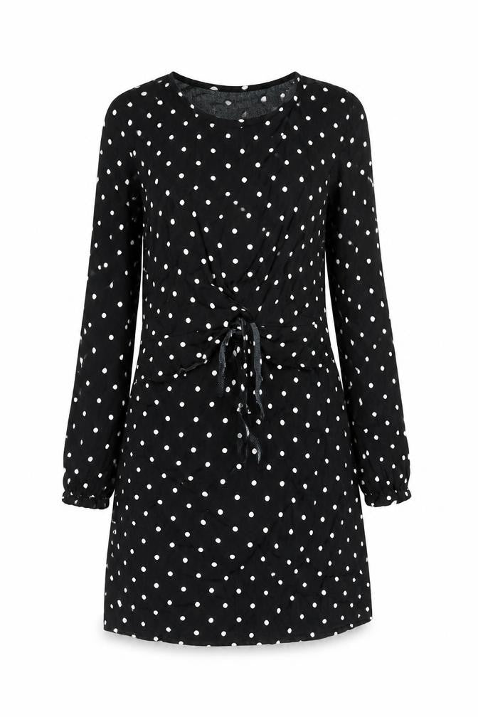 Front view of Mango Women Black Polka Dot Shift Dress, size 10, Long Sleeve Short