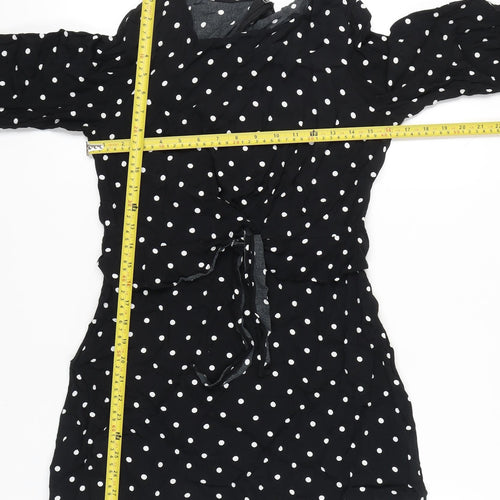 Mango Women Black Polka Dot Shift Dress Size 10 Long Sleeve Short