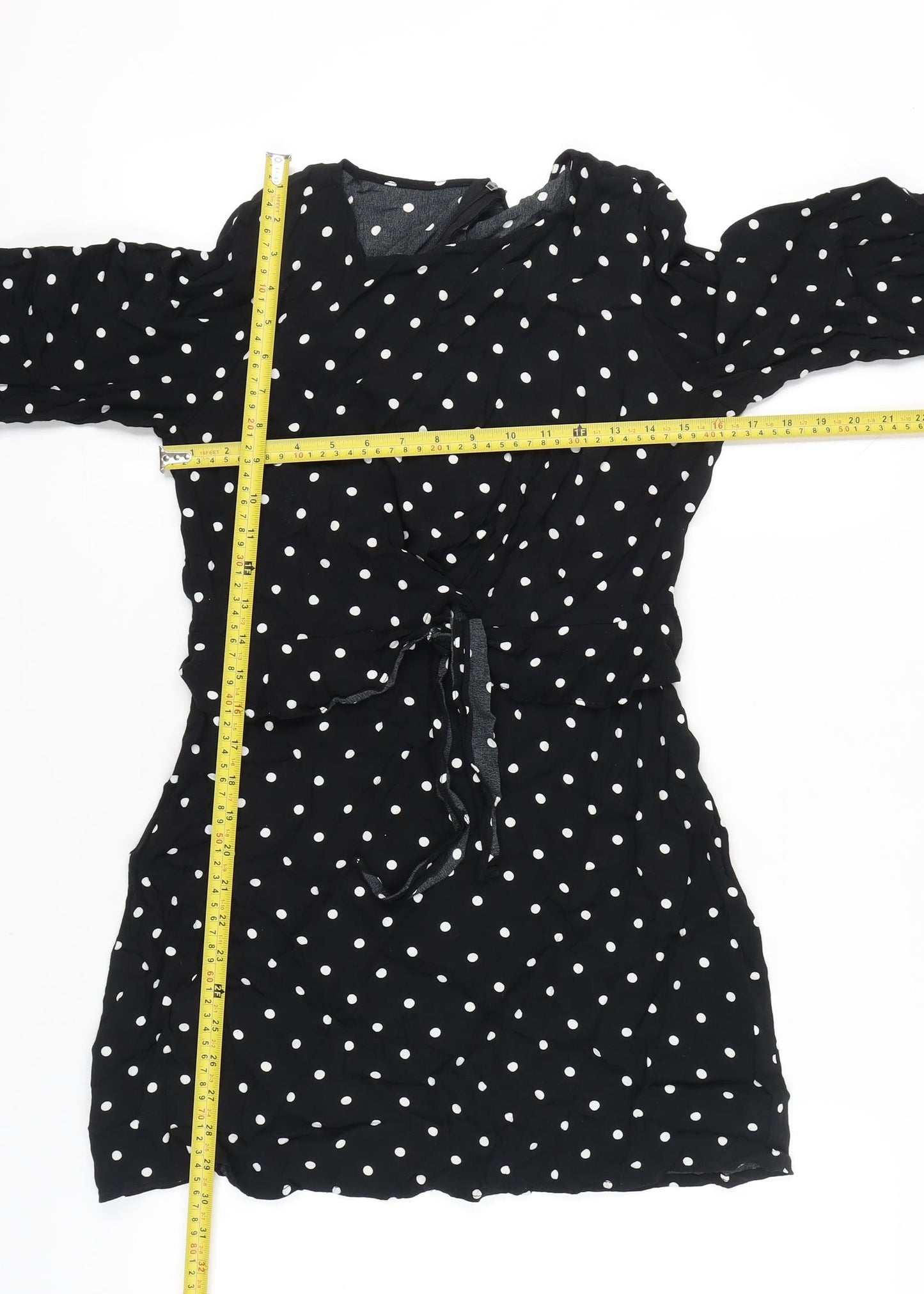 Mango Women Black Polka Dot Shift Dress Size 10 Long Sleeve Short