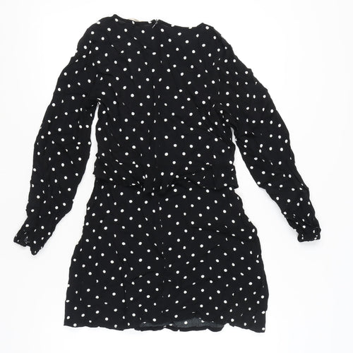 Mango Women Black Polka Dot Shift Dress Size 10 Long Sleeve Short