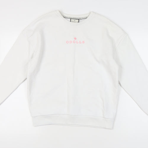 ODolls Womens White Sweatshirt Size 6 Cotton Blend Logo Crew Neck