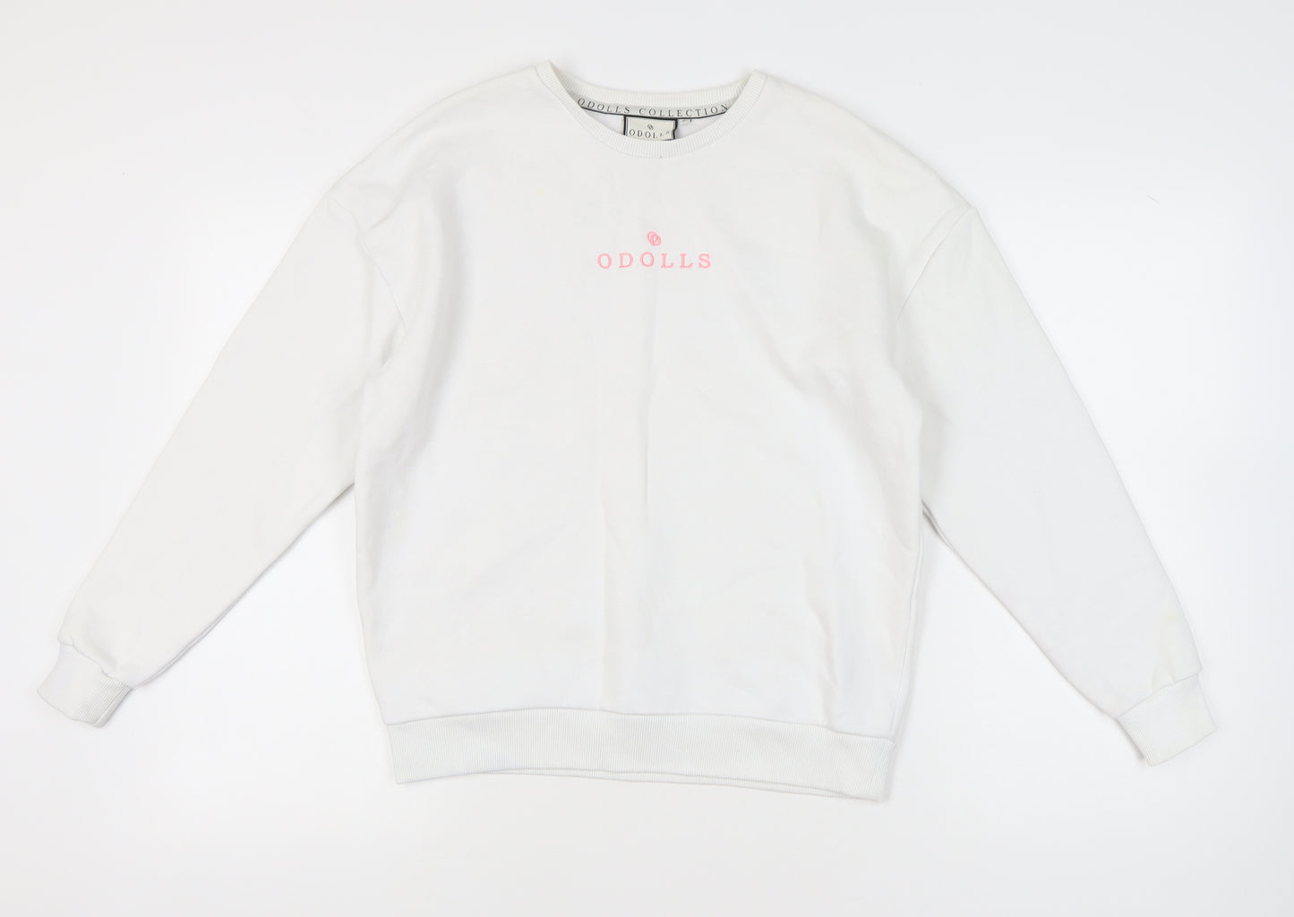 ODolls Womens White Sweatshirt Size 6 Cotton Blend Logo Crew Neck