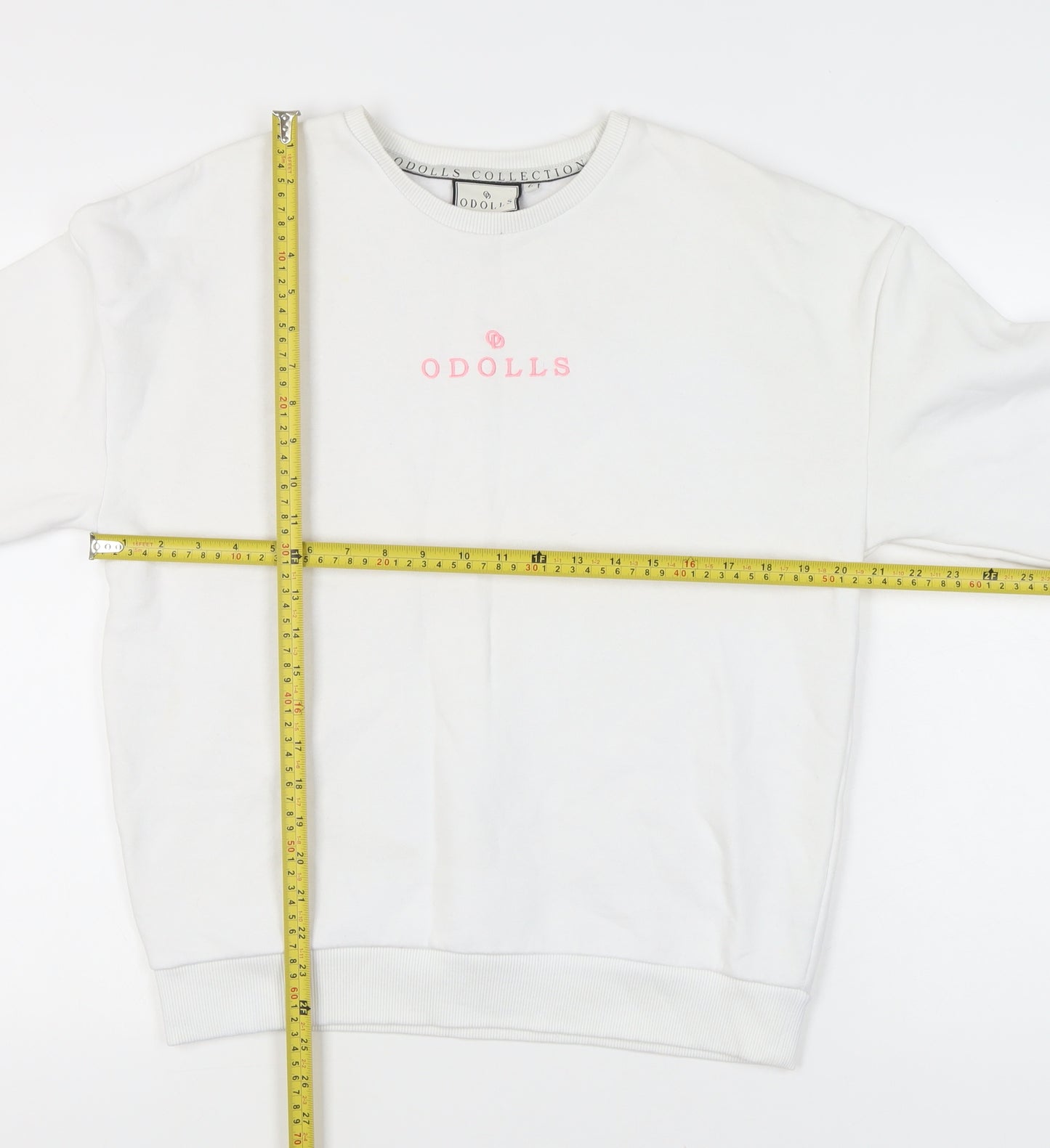 ODolls Womens White Sweatshirt Size 6 Cotton Blend Logo Crew Neck
