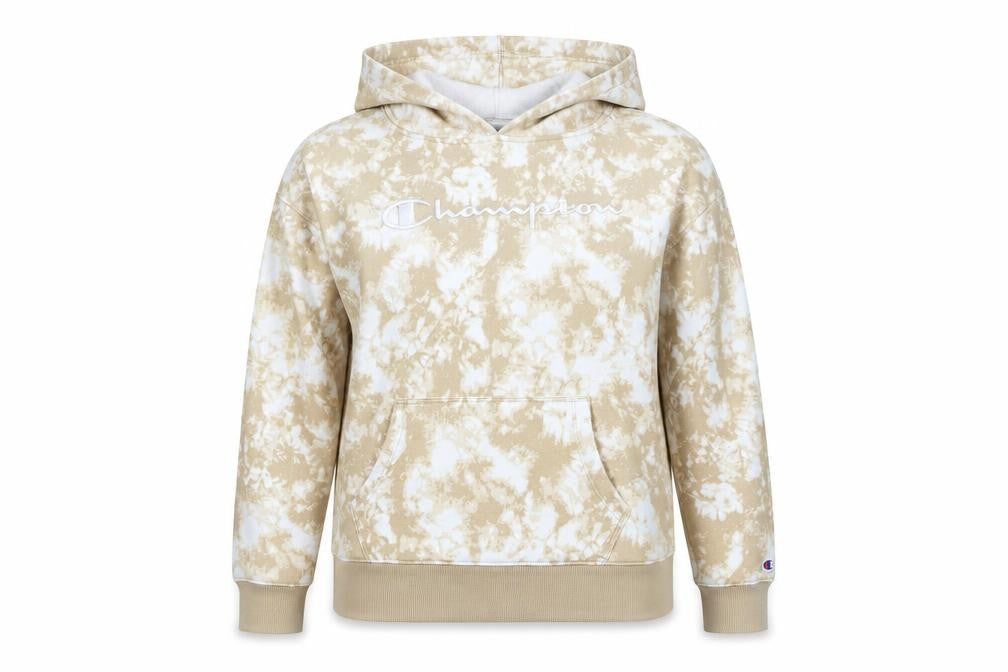 Front view of Champion women’s beige tie dye pullover hoodie, size L, logo casual