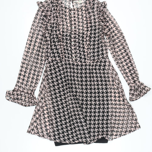 River Island Women Pink Black Houndstooth Shift Dress UK 14