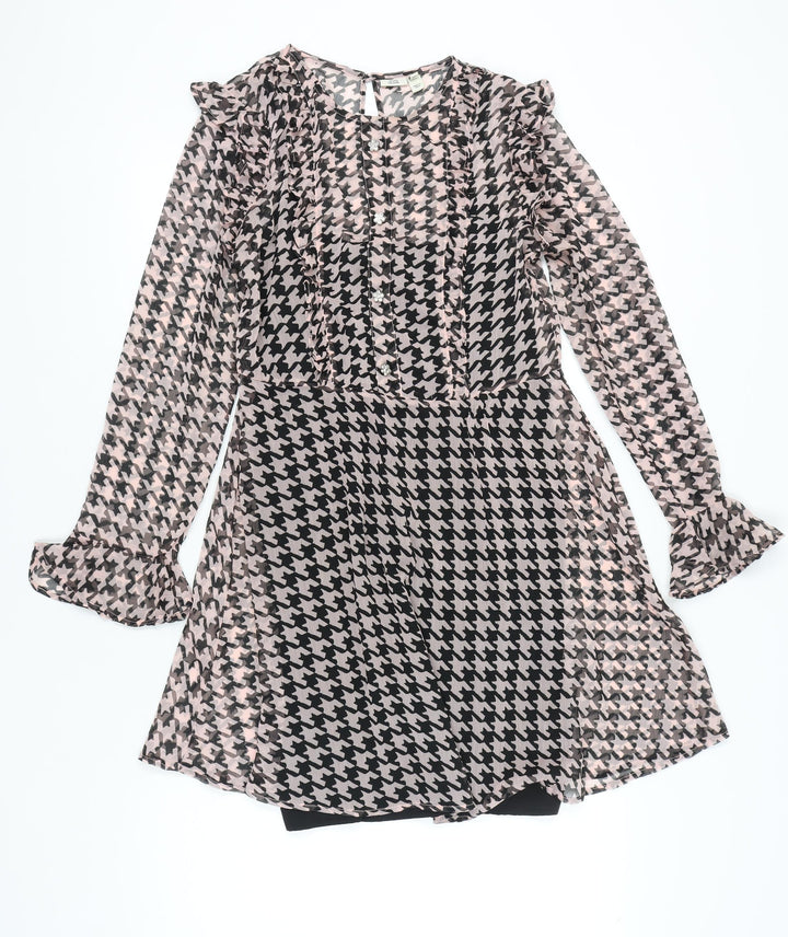 River Island Women Pink Black Houndstooth Shift Dress UK 14
