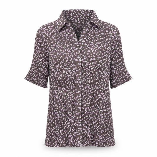 Front view of Soon women’s brown floral button-up tunic shirt, size UK 14