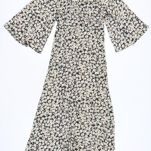Zara Women’s Black White Floral Midi A-Line Dress Size S V-Neck