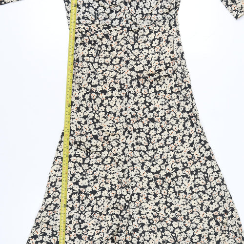 Zara Women’s Black White Floral Midi A-Line Dress Size S V-Neck