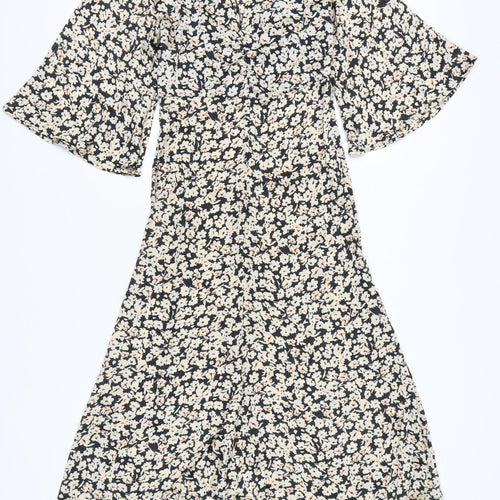 Zara Women’s Black White Floral Midi A-Line Dress Size S V-Neck