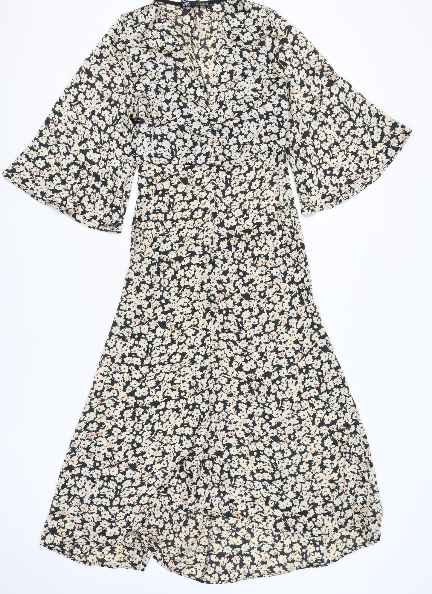 Zara Women’s Black White Floral Midi A-Line Dress Size S V-Neck