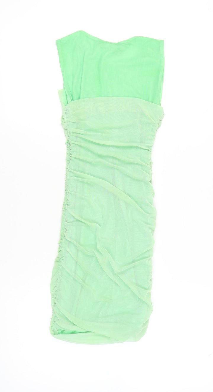 Zara Women Green S Bodycon Ruched Scoop Neck Sleeveless Mini Dress