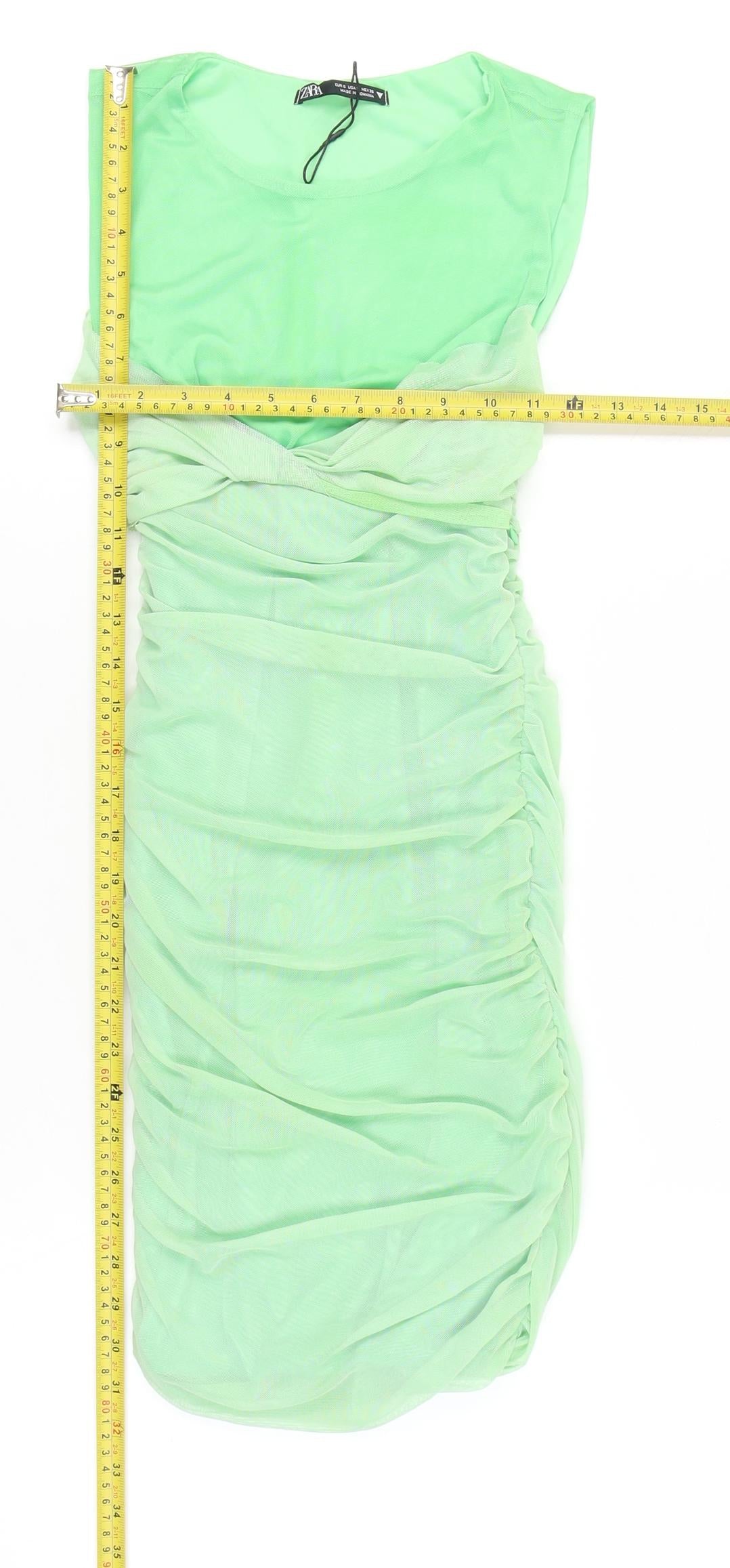 Zara Women Green S Bodycon Ruched Scoop Neck Sleeveless Mini Dress