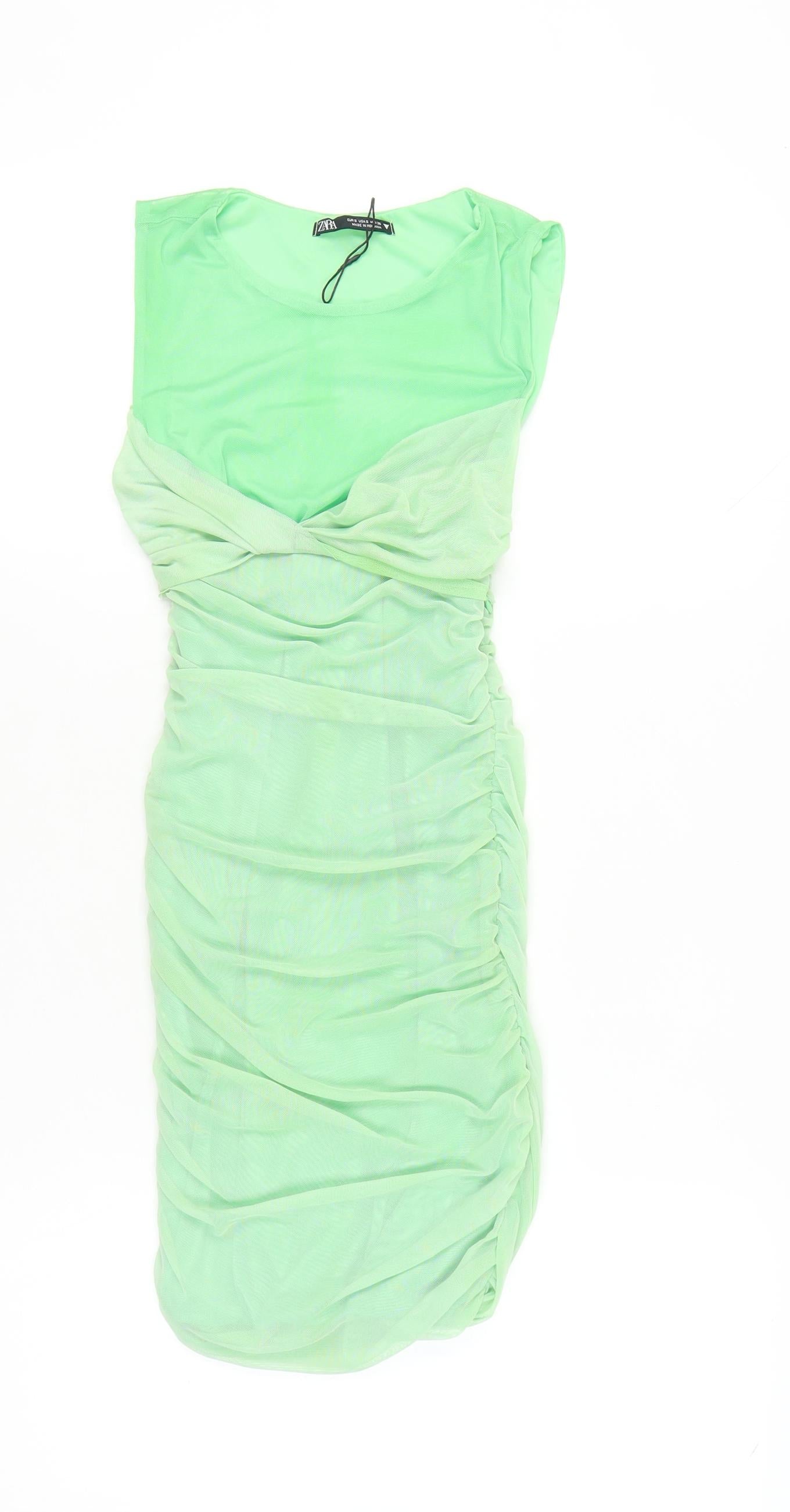 Zara Women Green S Bodycon Ruched Scoop Neck Sleeveless Mini Dress