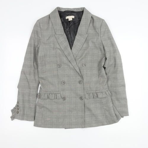 H&M Women Grey Check Double-Breasted Blazer Jacket Size 6