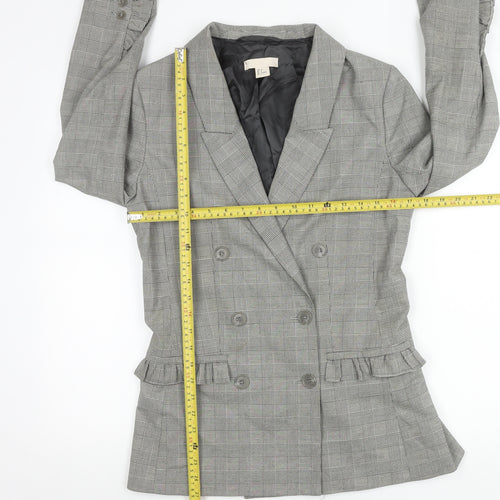 H&M Women Grey Check Double-Breasted Blazer Jacket Size 6