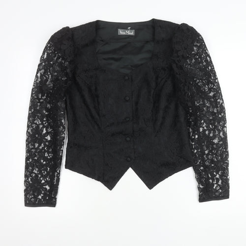 Vera Mont Women's Black Lace Blouse Size 14 Square Neck Puff Sleeve