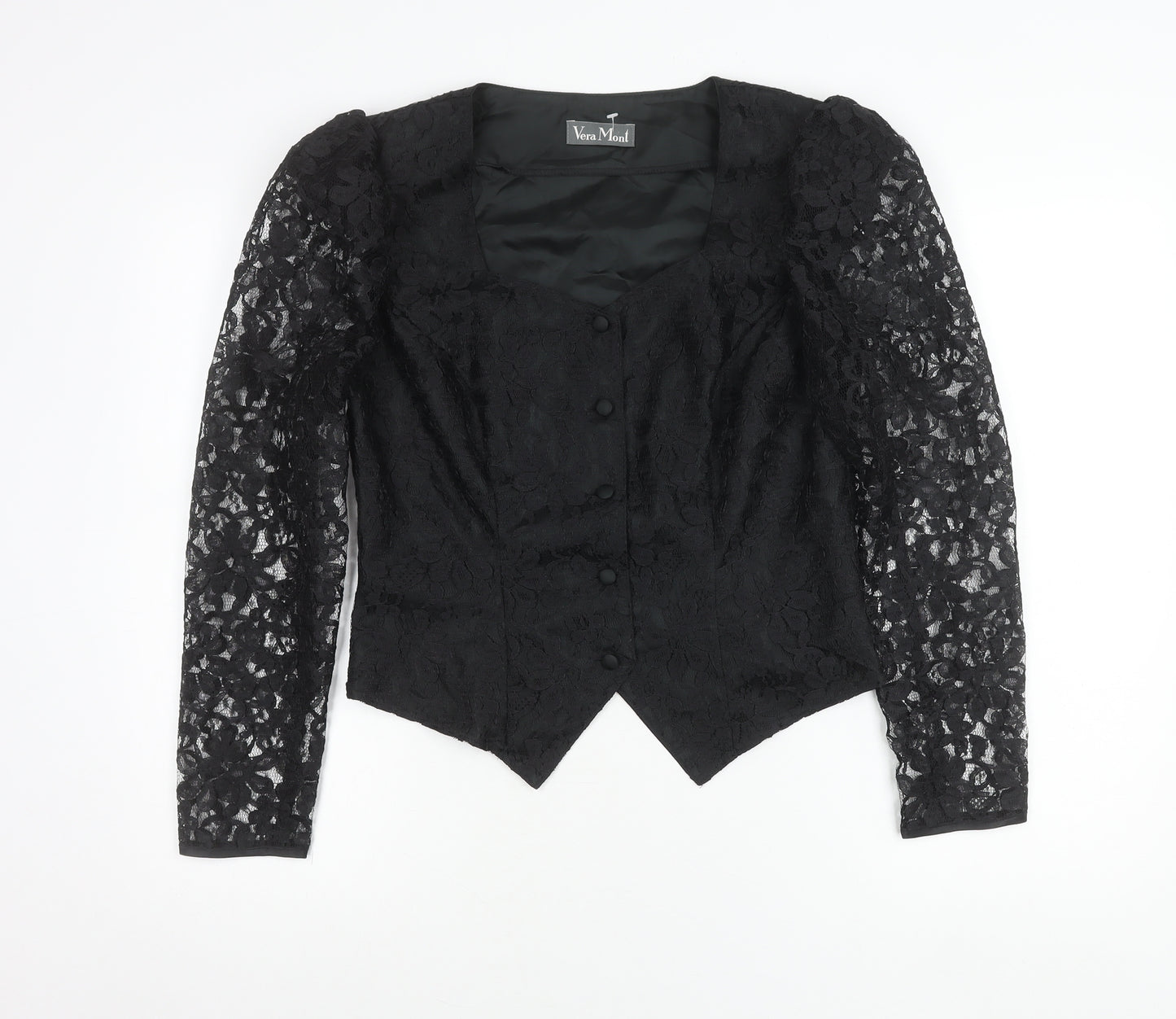 Vera Mont Women's Black Lace Blouse Size 14 Square Neck Puff Sleeve