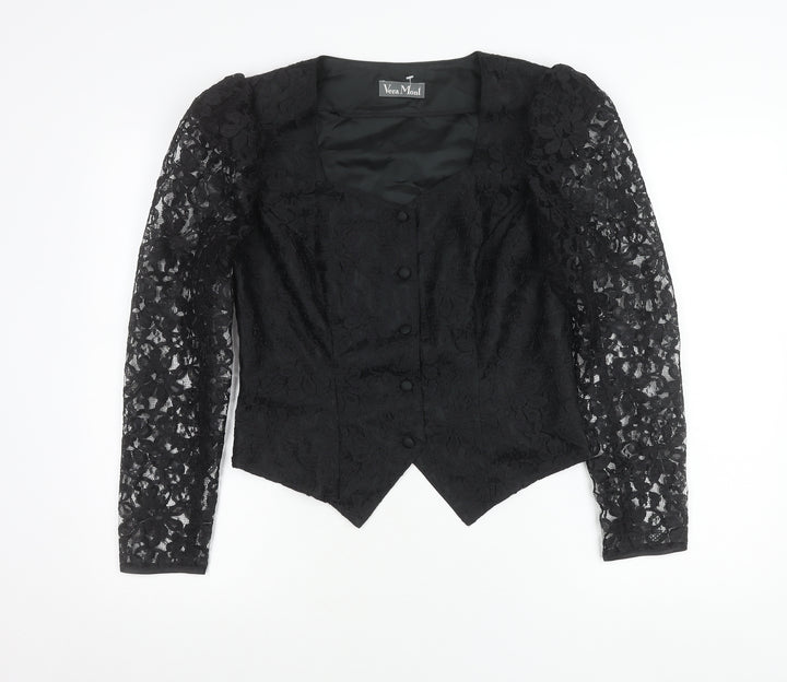 Vera Mont Women's Black Lace Blouse Size 14 Square Neck Puff Sleeve