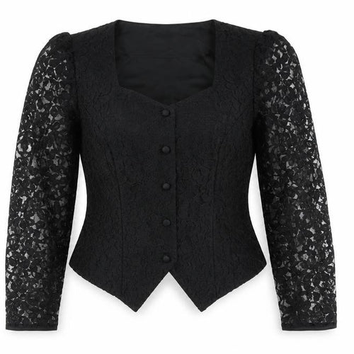 Vera Mont Women's Black Lace Blouse Size 14 Square Neck Puff Sleeve