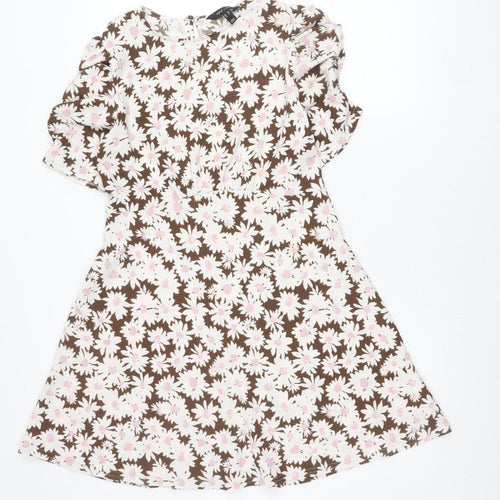 New Look Women’s Brown Floral Skater Dress UK 12 Short Puff Sleeve