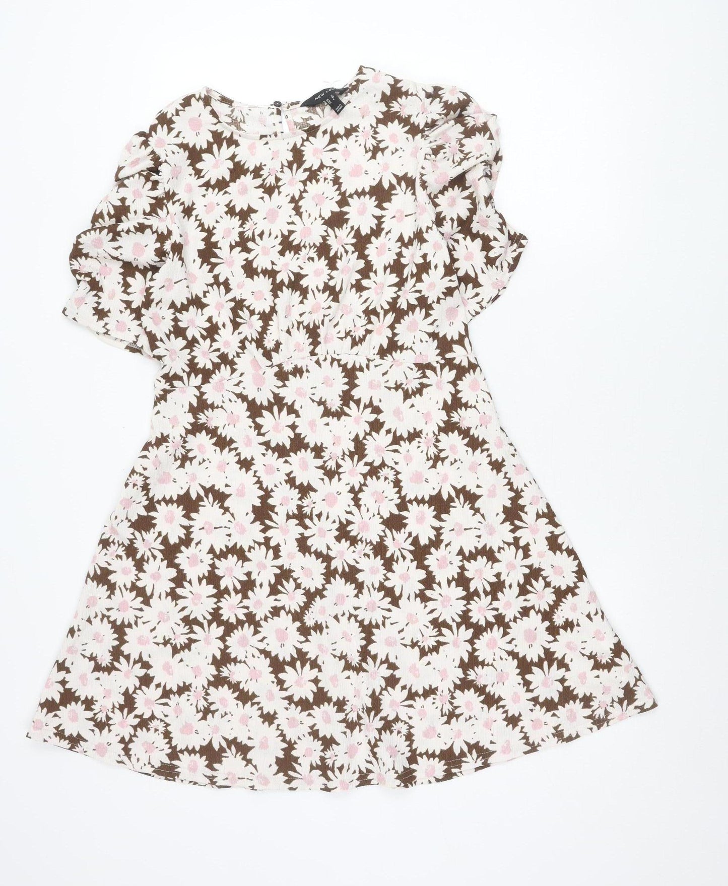 New Look Women’s Brown Floral Skater Dress UK 12 Short Puff Sleeve