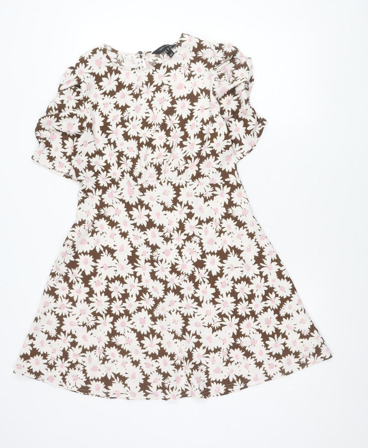 New Look Women’s Brown Floral Skater Dress UK 12 Short Puff Sleeve