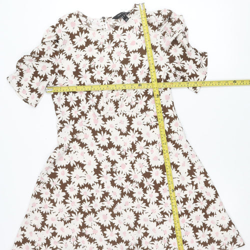 New Look Women’s Brown Floral Skater Dress UK 12 Short Puff Sleeve