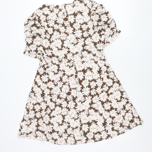 New Look Women’s Brown Floral Skater Dress UK 12 Short Puff Sleeve