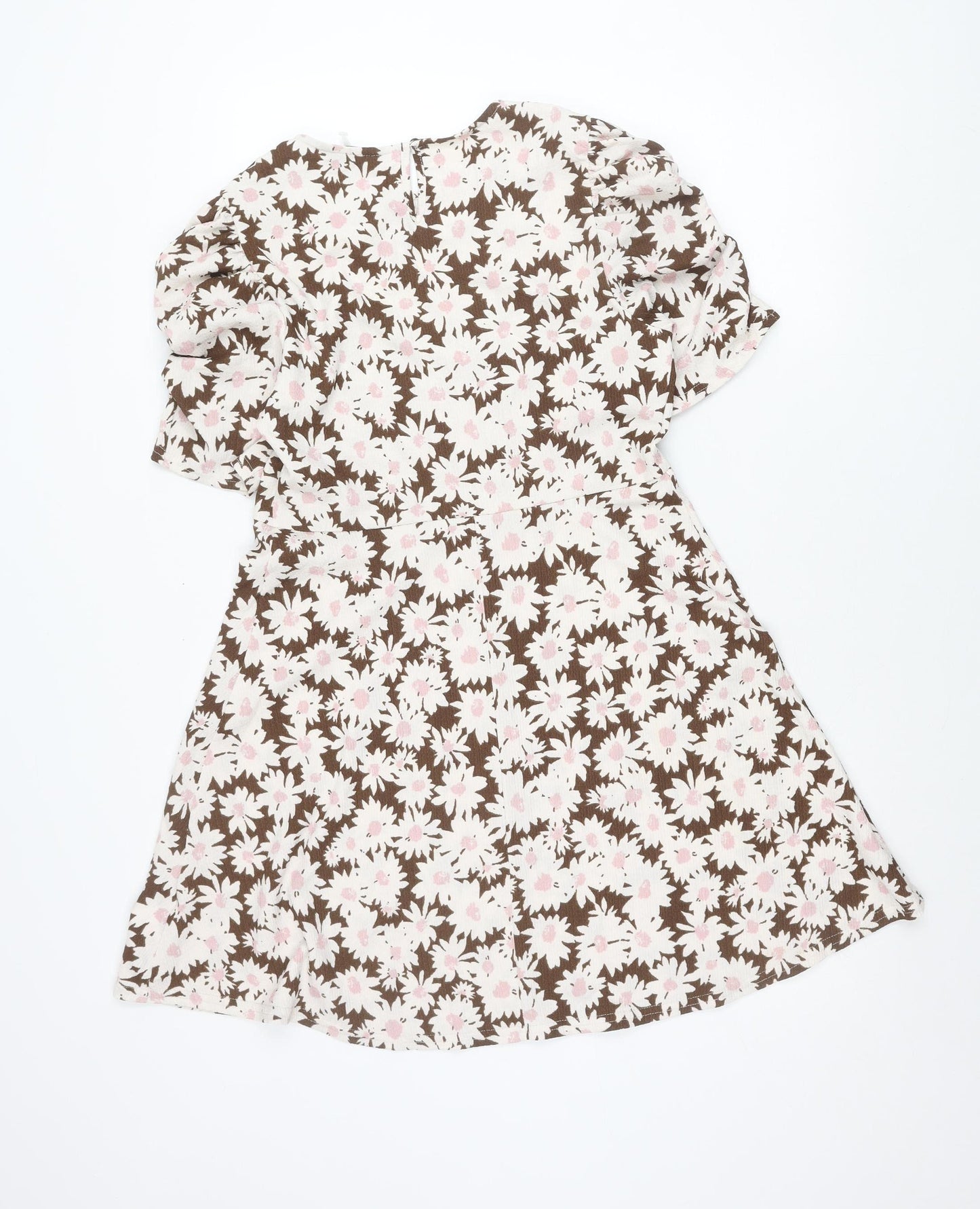 New Look Women’s Brown Floral Skater Dress UK 12 Short Puff Sleeve