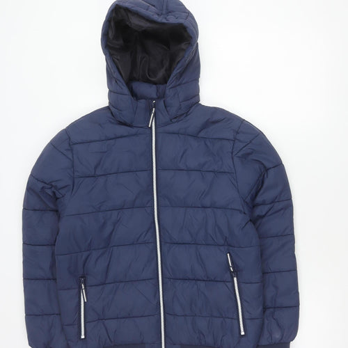 H&M Boys Blue Hooded Puffer Jacket 14 Years Quilted Winter Coat