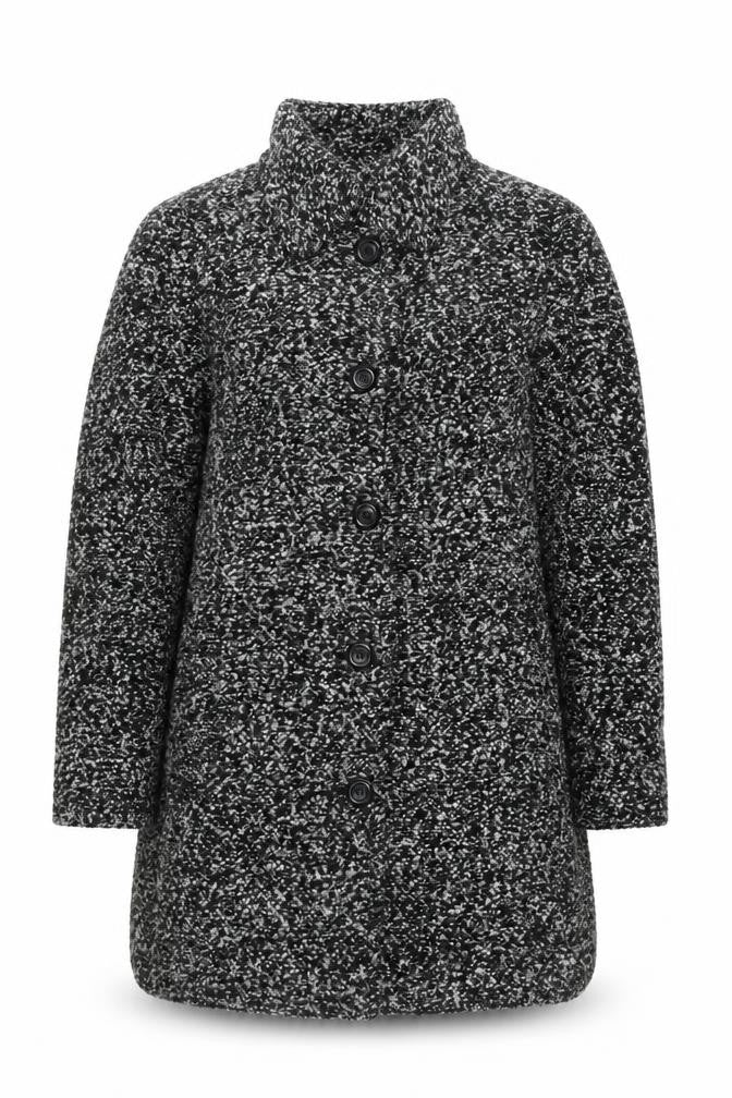 Front view of ISLE Collection women’s black wool blend mid-length coat, size UK 10