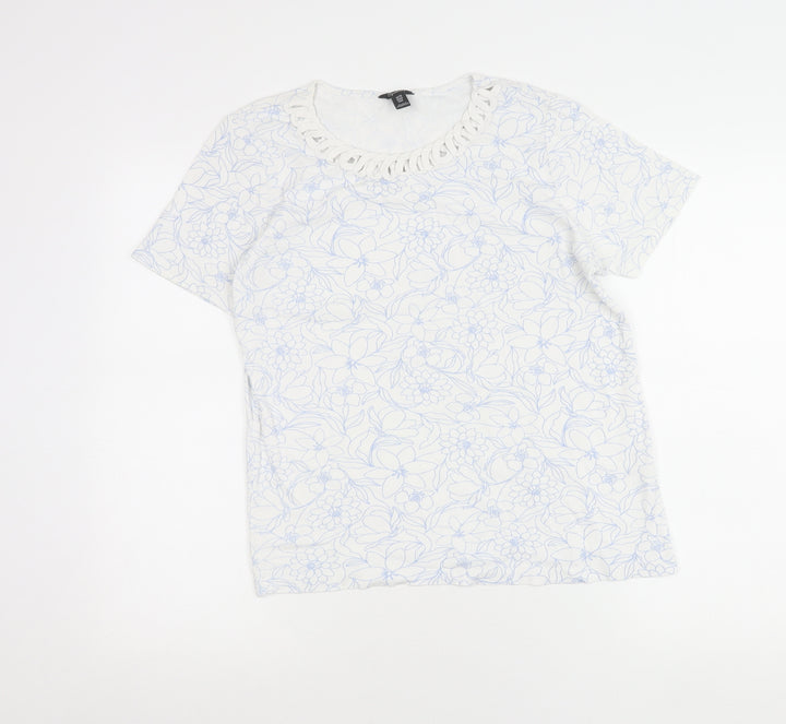 Spirit Womens Ivory Floral Crochet Neck T-Shirt UK 10 Cotton