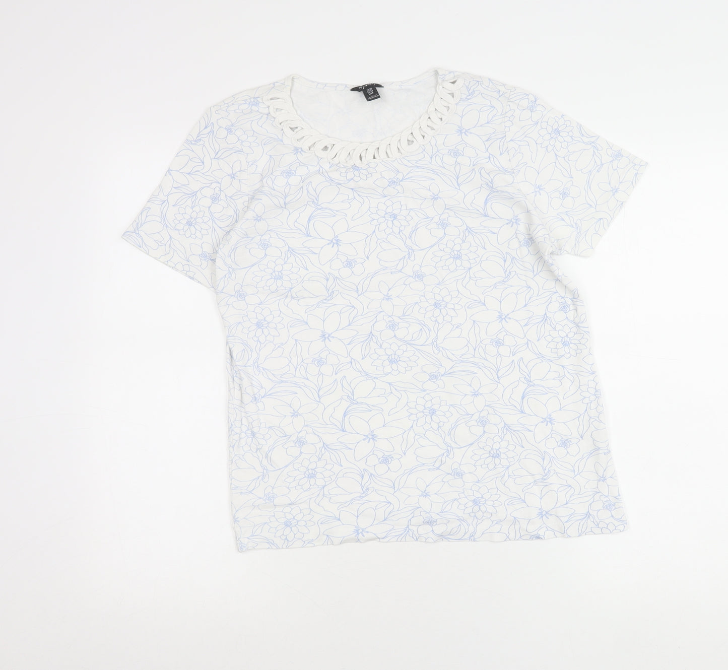Spirit Womens Ivory Floral Crochet Neck T-Shirt UK 10 Cotton