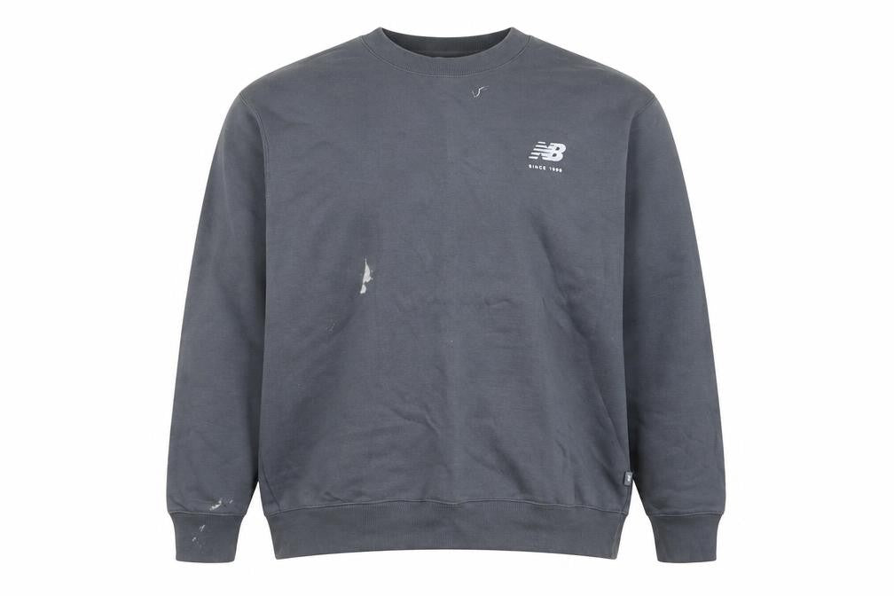 Front view of New Balance men’s grey sweatshirt m crew neck pullover logo sportswear