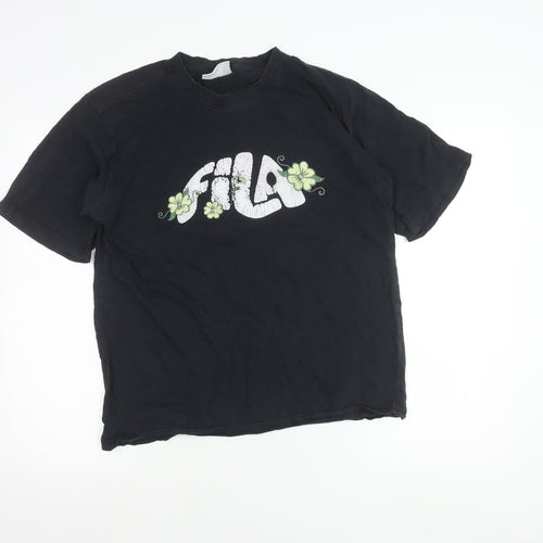 FILA Womens Black Floral Logo T-Shirt Size M Short Sleeve Cotton