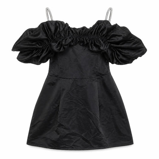 Front view of PRETTYLITTLETHING Women’s Black, size UK 12, Off Shoulder Puff Sleeve Dress