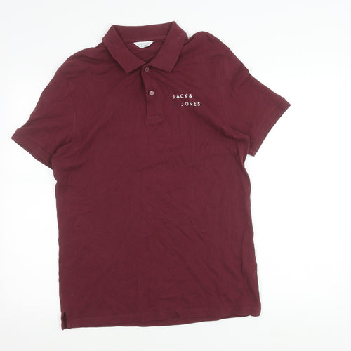 Jack & Jones Men's Red Cotton Polo Shirt Size M Short Sleeve Logo
