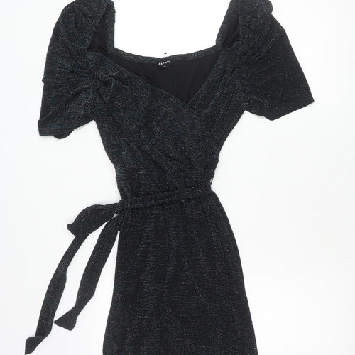 MAX+ASH Women's Black Glitter Puff Sleeve Short Bodycon Dress L