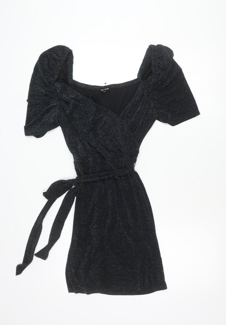 MAX+ASH Women's Black Glitter Puff Sleeve Short Bodycon Dress L