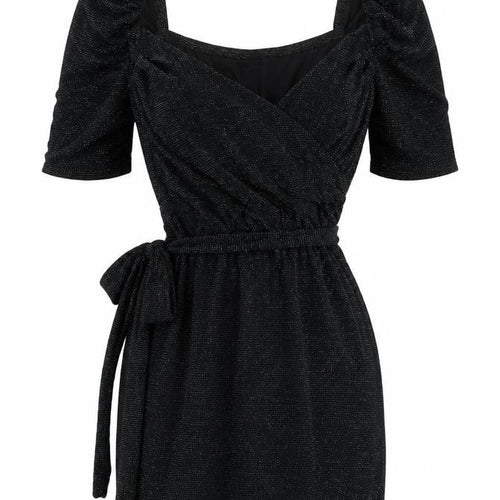 MAX+ASH Women's Black Glitter Puff Sleeve Short Bodycon Dress L