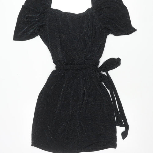 MAX+ASH Women's Black Glitter Puff Sleeve Short Bodycon Dress L