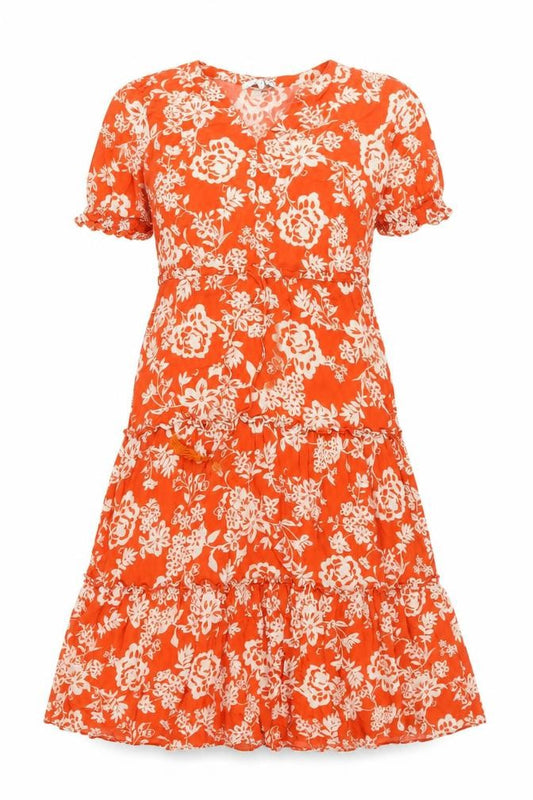 Front view of Next Women’s Orange Floral A-Line Dress, size UK 12, Short Sleeve
