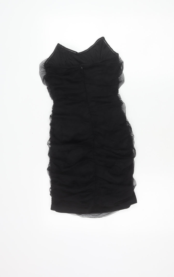 PrettyLittleThing Women’s Black Strapless Bodycon Dress UK 8 Party Ruched