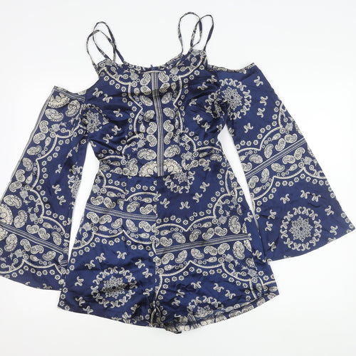 Motel Womens Blue Paisley Cold Shoulder Long Sleeve Playsuit Size 6