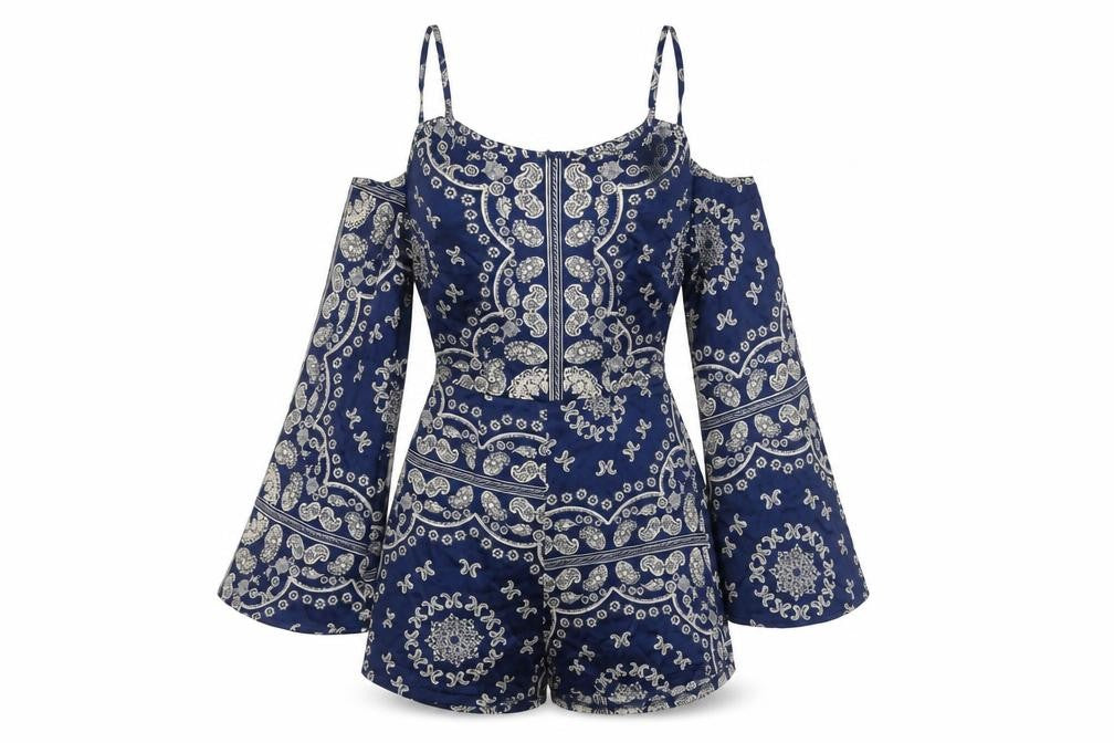 Motel Womens Blue Paisley Cold Shoulder Long Sleeve Playsuit Size 6