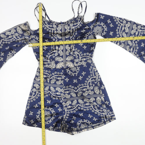 Motel Womens Blue Paisley Cold Shoulder Long Sleeve Playsuit Size 6