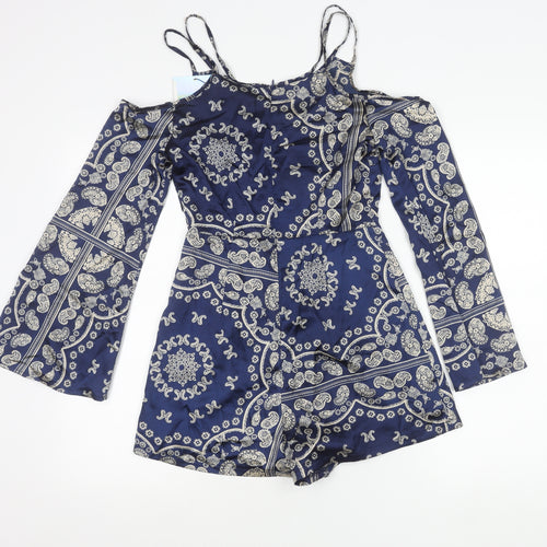 Motel Womens Blue Paisley Cold Shoulder Long Sleeve Playsuit Size 6