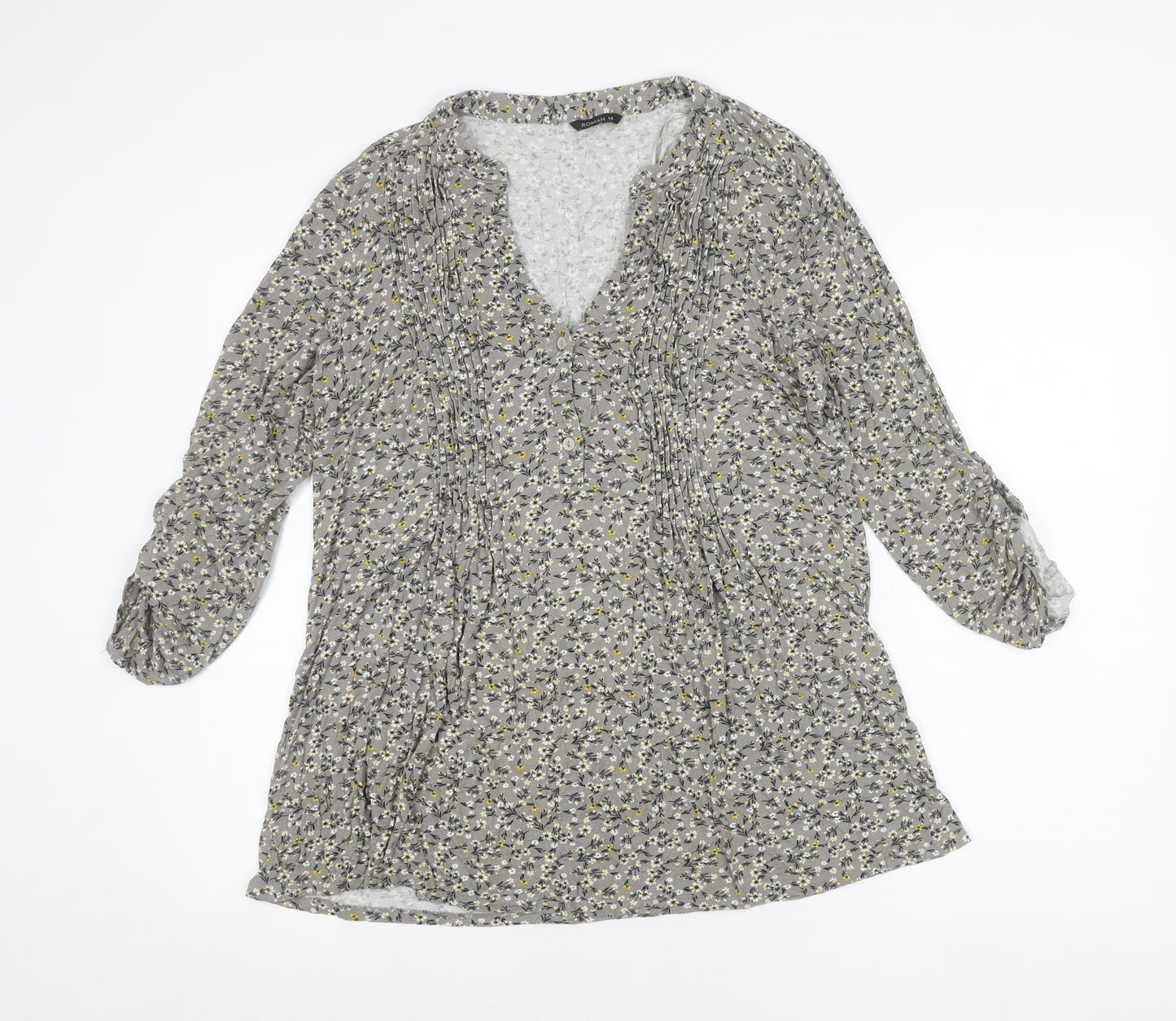 Roman Womens Grey Floral Tunic Blouse Size 14 Viscose