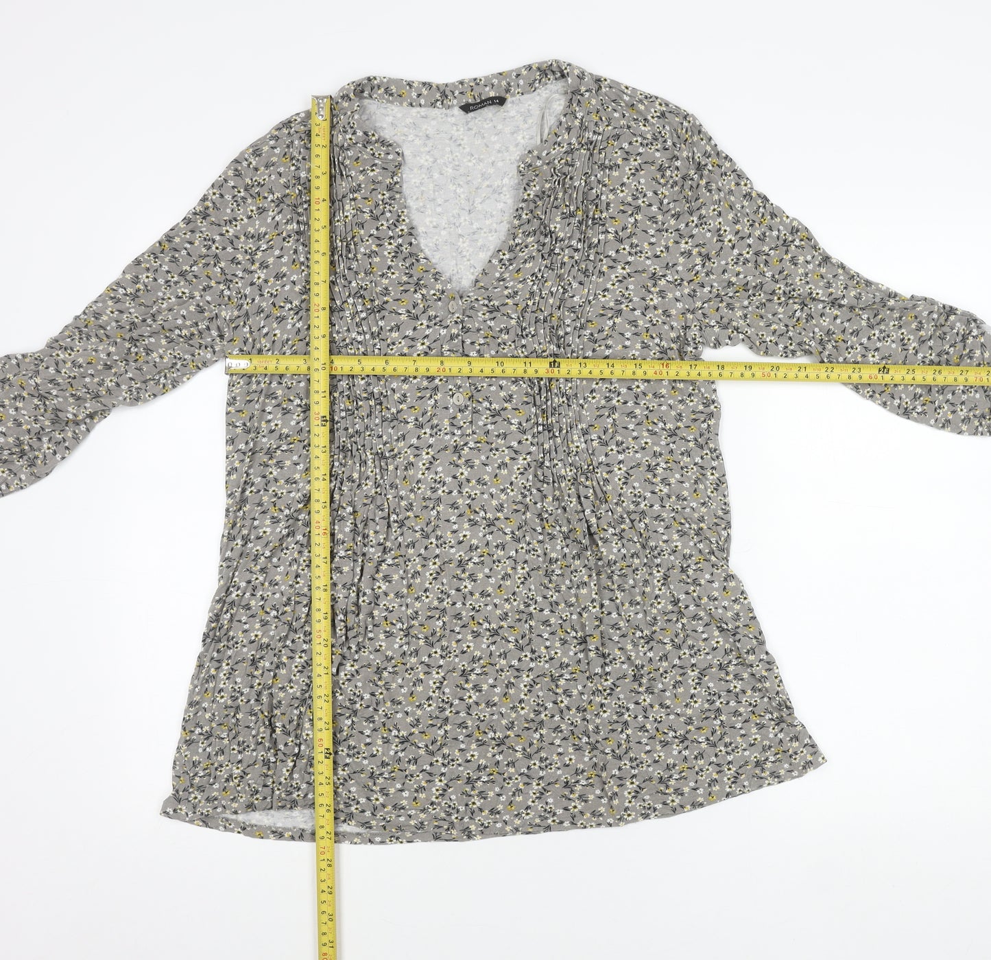Roman Womens Grey Floral Tunic Blouse Size 14 Viscose